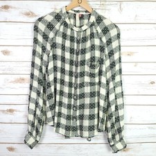 Anthropologie Pilcro Top Blouse XL Cream Black Plaid Long Sleeve Button Front