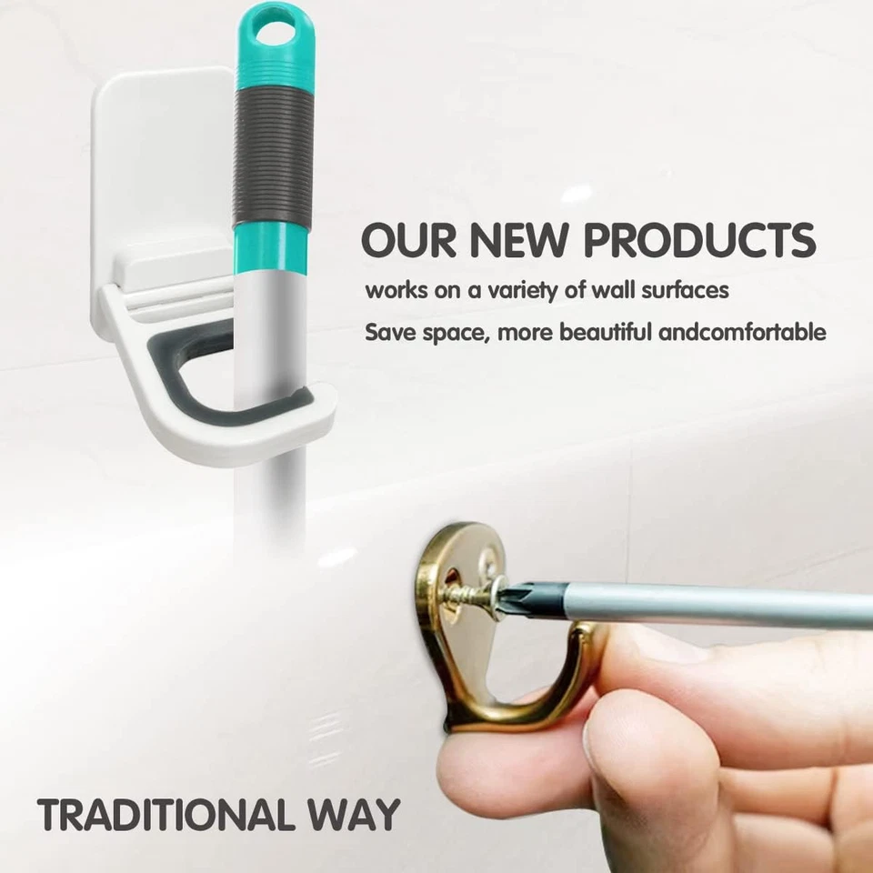 Держатель для швабры метлы настенное крепление захваты самоклеящиеся без сверления противоскользящие упаковка 3 шт.  - Изображение 2 из 4