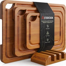 Deep-Carbonized Bamboo Cutting Boards for Kitchen with Wood Storage Stand, Rever