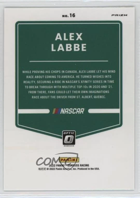 2022 Panini Donruss NASCAR Optic Lime Green Pulsar Prizm Alex Labbe #16 - Image 2 of 2