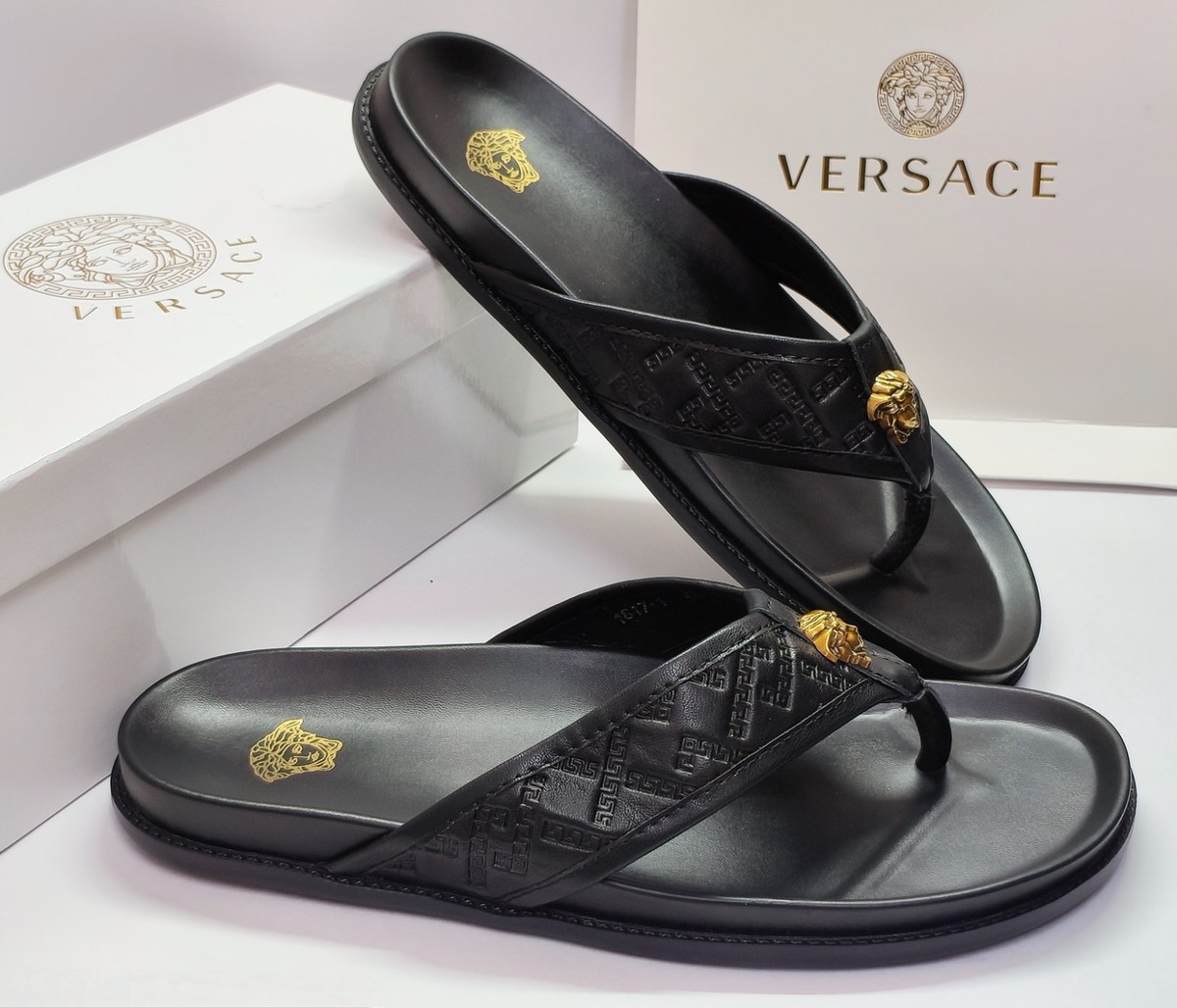 Luxury Versace Fashionable Leather Men Slippers Comfortable US Size 10