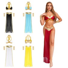 US Womens Belly Dance Sets Egyptian Costume Halloween Shiny Sequin Tassel Outfit
