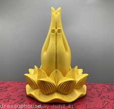 Boxwood Carved Buddha Praying Hand Lotus Base Statue Buddhism Zen Home Decor