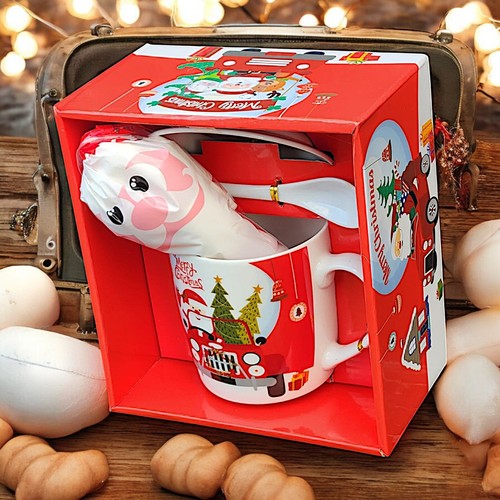Festliche Weihnachten Kaffeebecher Geschenk mit Teller Löffel und Marshmallows - Bild 26 von 43