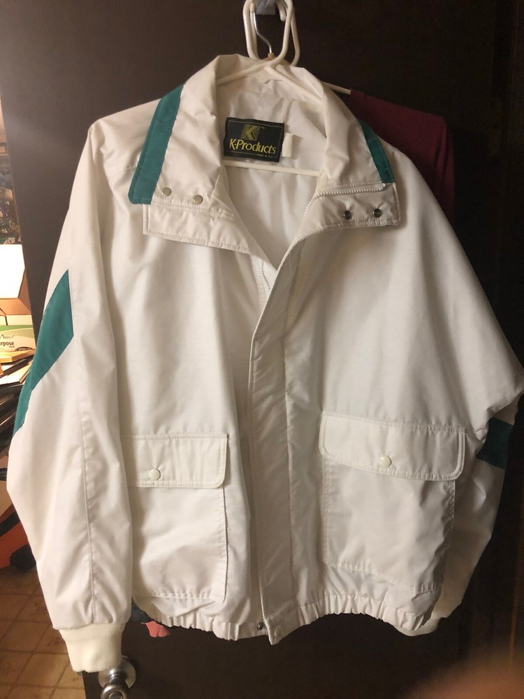 Vintage 80s K-Products USA White and Green Mens Jacket Size Large L Full Zip