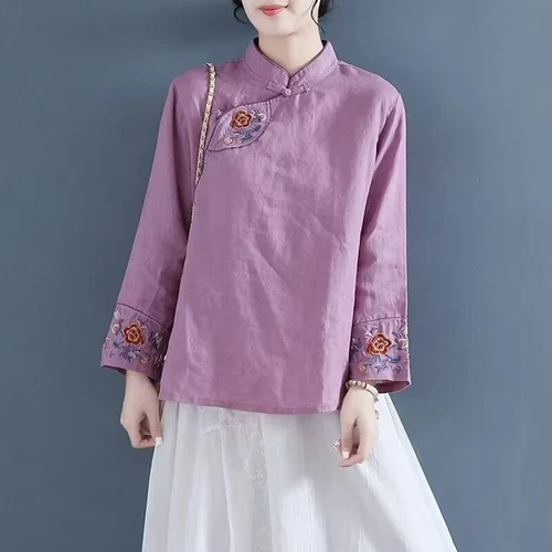 Blusa Camisa Mujer China Bordada Floral Cuello Mandarín Retro Top Étnico - Imagen 5 de 19