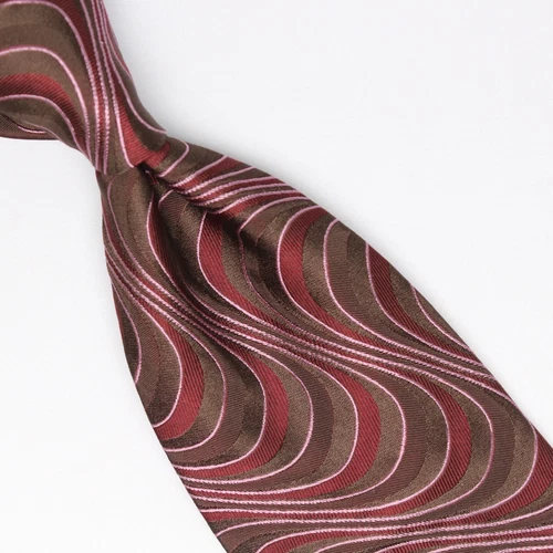 Tallia Mens Silk Necktie Brown Burgundy Swirl Wave Weave Woven Tie Made in Italy