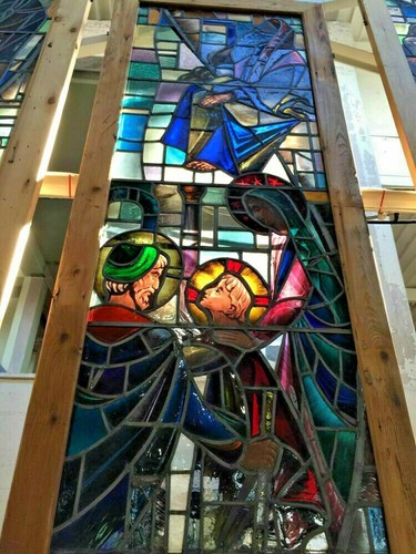 Antique Stained Glass Window Religious, Christ & Disciples, Cedar Frame, 106"