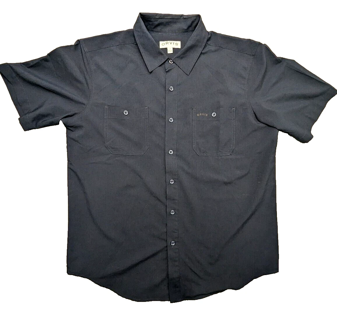 Orvis Shirt Mens Large Blue SS Casting Tech Logo Pockets Sunglass Cleaner