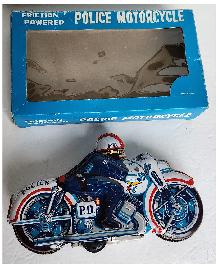 Friction Powered Police Motorcycle #51; Tin LITHO Toy - NM in