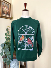 Morning Sun Vintage 90s Green Winter Cardinal Sweatshirt Sz M Hanes Grannycore