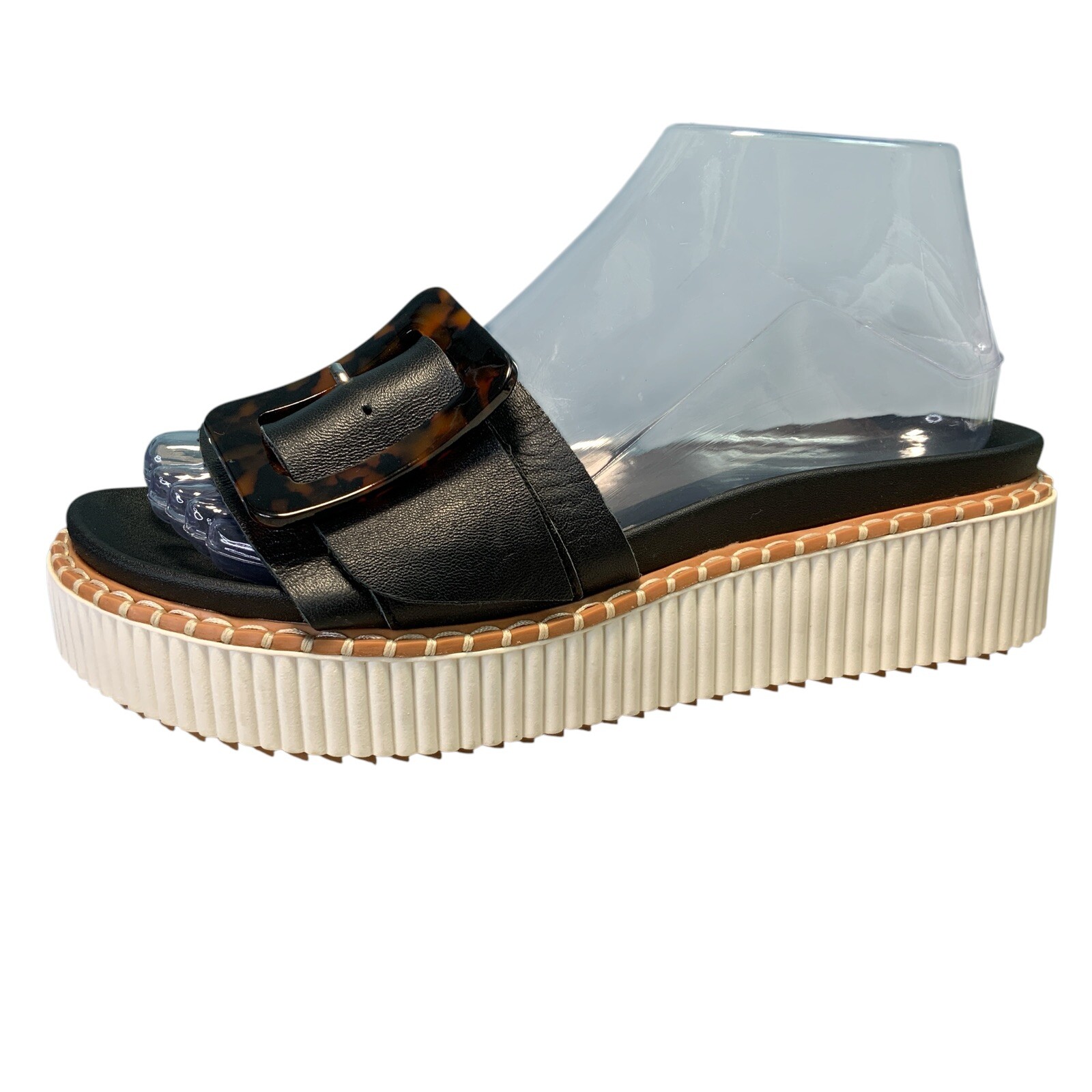 APL Joie Lyla Slide Plateform fibbia guscio tartaruga cinturino pelle nero mulo taglia 8M