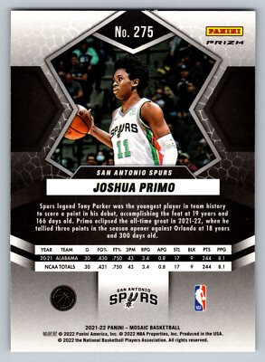 2021 Panini Mosaic Green Prizm RC Rookie #275 Joshua Primo | eBay