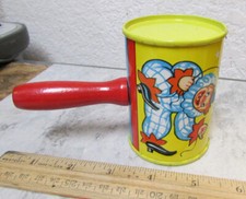 Vintage Metal noise maker toy, colorful clown, made in USA, Tin Lithograph toy