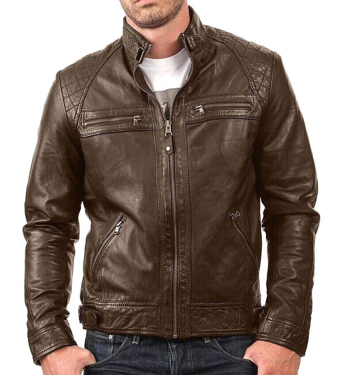 Men's Genuine Soft Sheepskin Leather Jacket in Classic Black & Brown –FREE SHIP