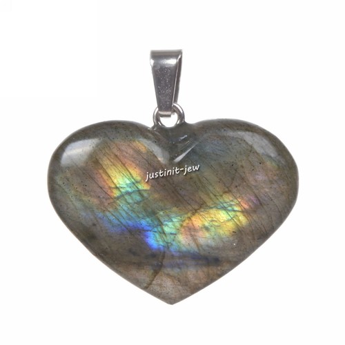 Nature Labradorite LOVE Heart Pendant Bead Necklace 22 Inch - Picture 2 of 5