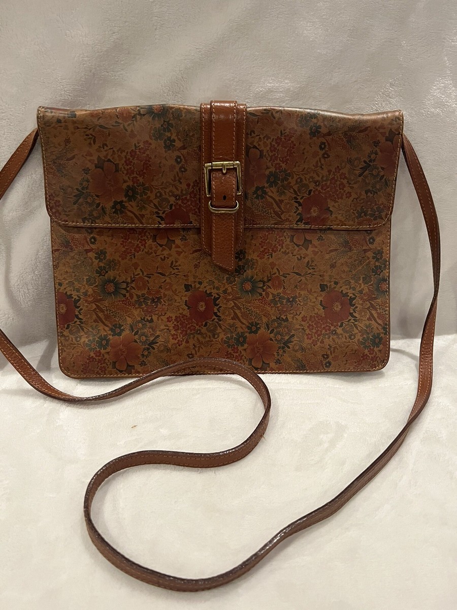 Vintage Furla Crossbody Shoulder Bag Floral Pattern Leather