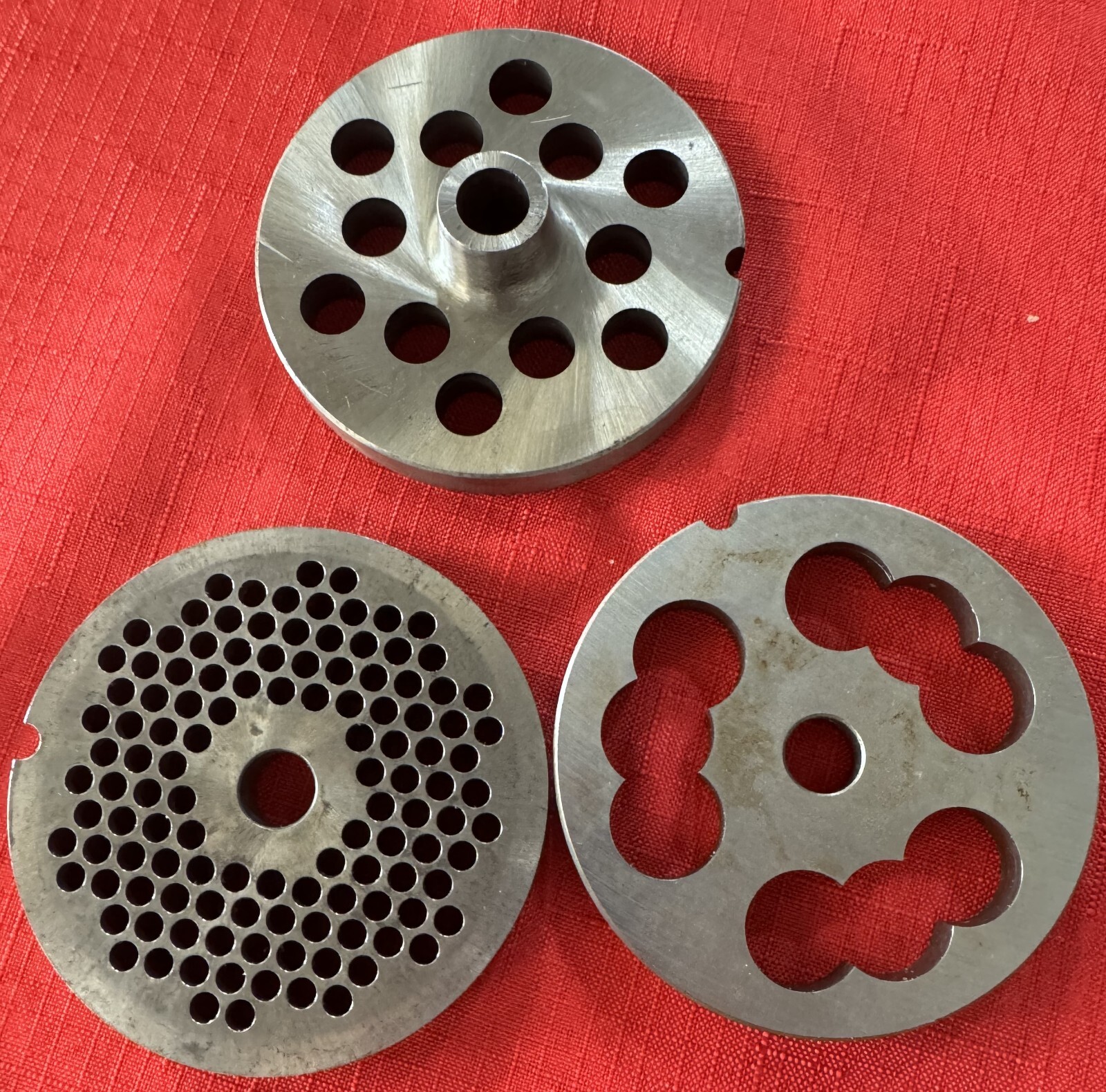 Lot of 3 22 Meat Grinder Plates 3 Hole Kidney, 7/16", and 3/16" eBay