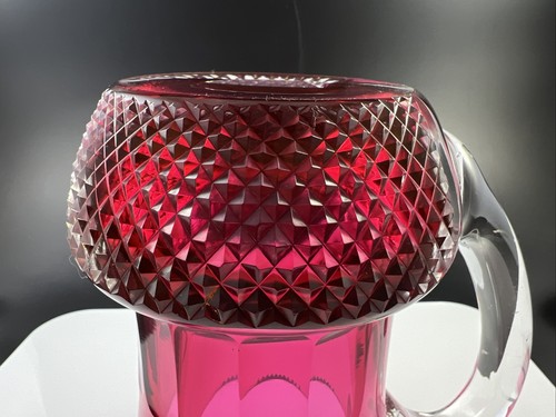Vintage Cranberry Red Diamond Panel Blown & Cut Glass Pitcher - Picture 7 of 11