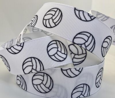 Grosgrain Ribbon Volleyball Print - White Background Ribbon with Black Volley...
