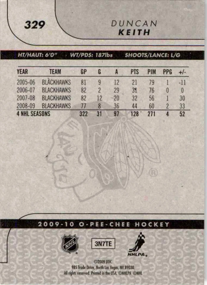 2009-10 O-Pee-Chee Duncan Keith #329 - Image 2 of 2