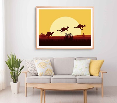 Kangaroo Silhouette Print, Wall Art, Sunset Framed Desert Wall Art, Vector