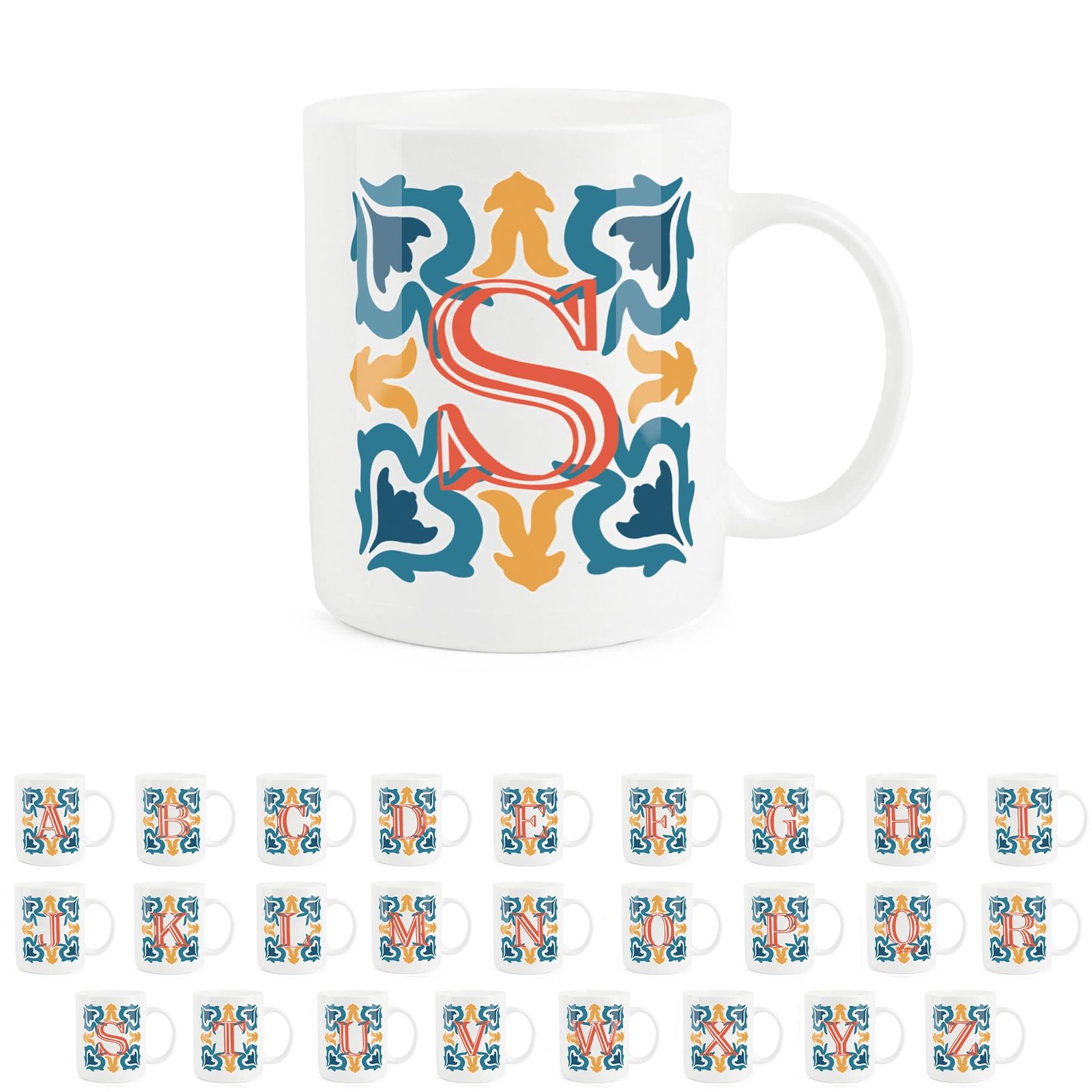 Moroccan Tile Letter S Mug - Orange & Blue Bone China Gift Mug