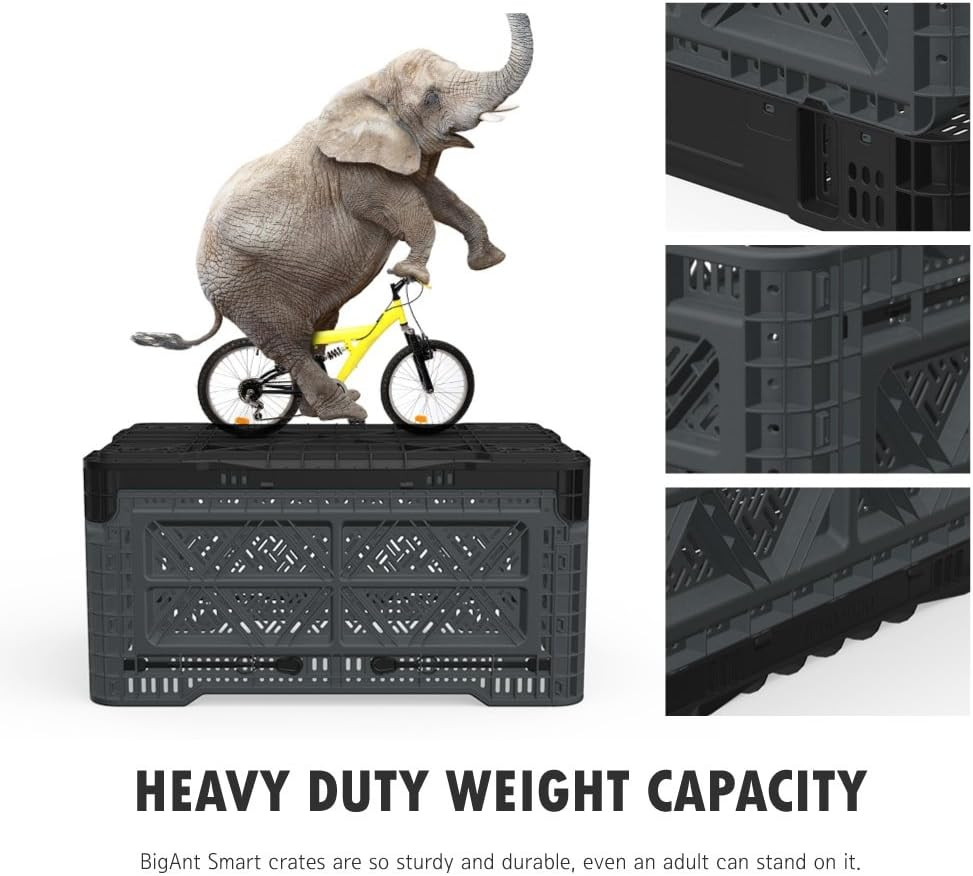 Bigant Heavy Duty Collapsible & Stackable Plastic Milk Crate- Snap Lock Foldable