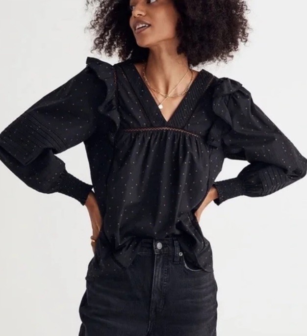 Madewell Ruffled V-Neck Long Sleeve Polkadot Voile Blouse XS