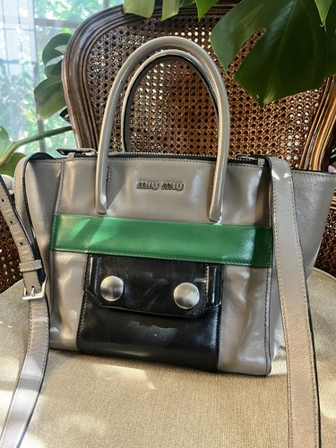 Miu Miu Color Block Leather 2 Way Hand Bag Crossbody Gray
