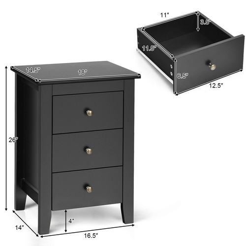 Set of 2 Nightstand End Bedside Sofa Table Cabinet w/3 Drawers Black - Picture 5 of 5