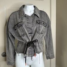 Ashley Vintage Charm Black Wash 3/4 Sleeve Drawstring Waist Denim Jacket NWT S