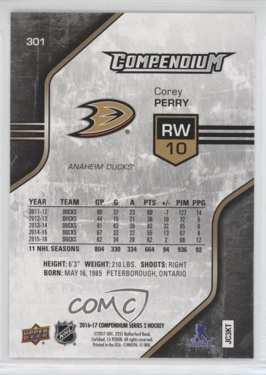 2016-17 Upper Deck Compendium Gold Corey Perry #301 - Image 2 of 2