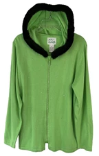 Quacker Factory  Sparkle/Shine Cardigan Sweater Sz L Green Hood Zip Women EE768