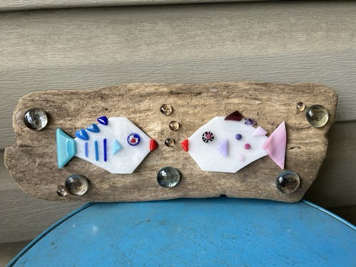 Fish Bubbles Glass Mosaic Driftwood Handmade Wall Plaque Art 11" Whimsy
