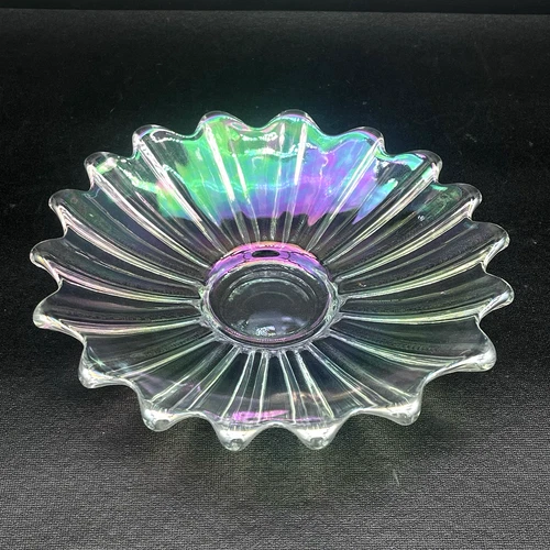 Vtg Federal Glass Celestial Starburst Rainbow Scalloped Edge Plate Iridescent