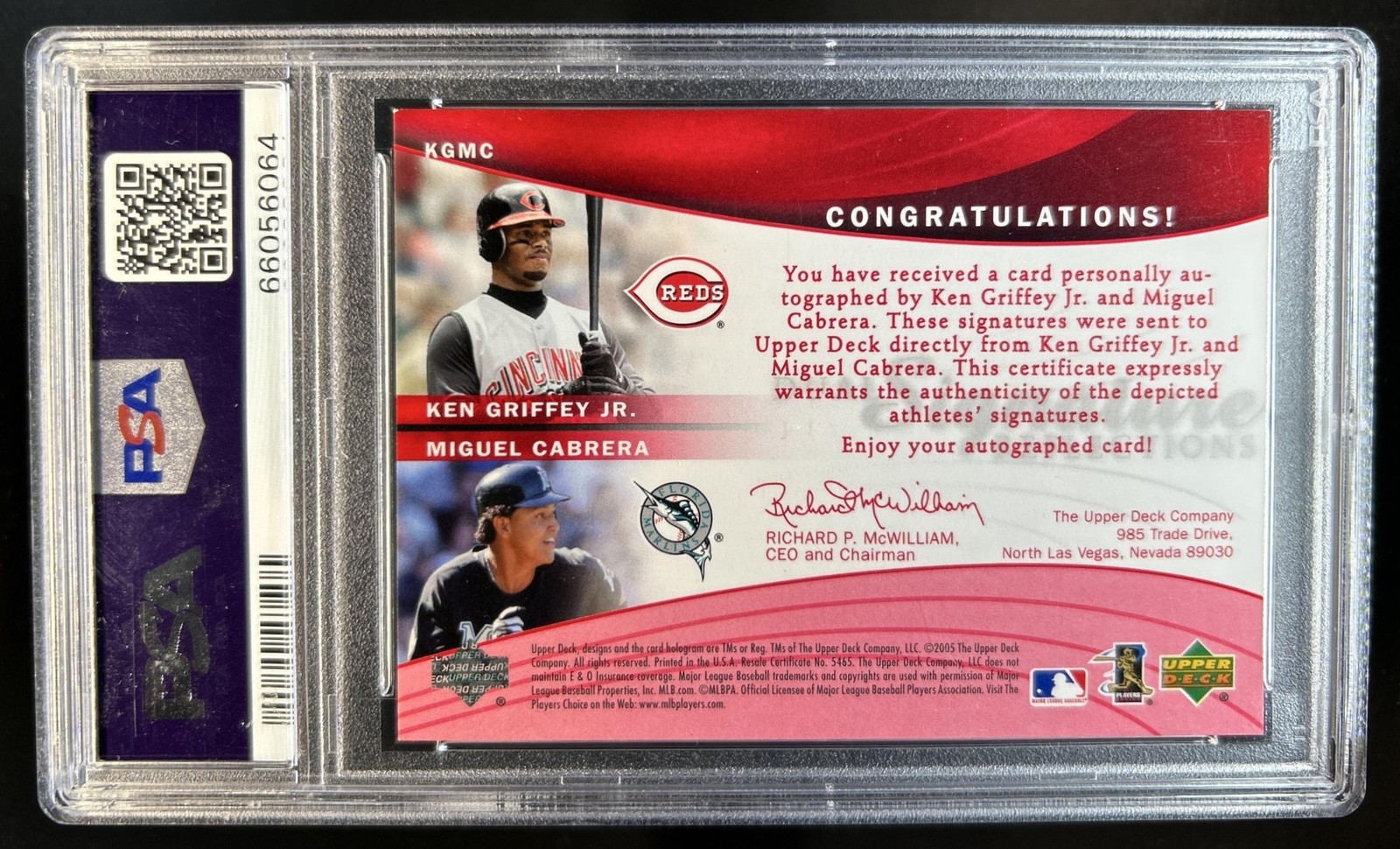 2005 Upper Deck Reflections Ken Griffey Jr. Miguel Cabrera Auto #/99 PSA 8 Auth view 2