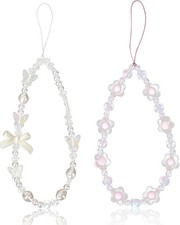 2pcs Beaded Phone Bracelet Strap, Cute Crystal Butterfly Flower Pearl Mobile...