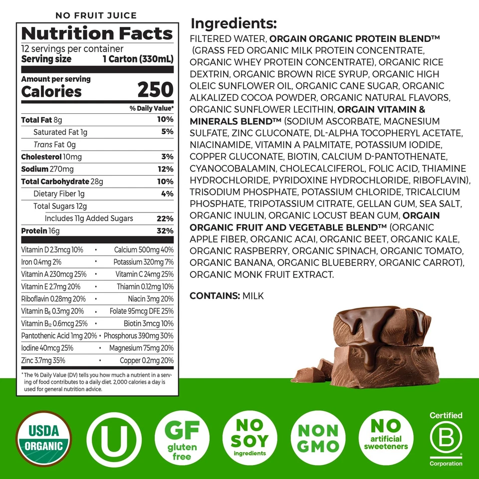 Batido de proteínas nutricionales orgánicas Orgain, chocolate cremoso dulce de azúcar-16 g alimentado con pasto Foto 2 de 4