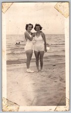 Vtg B W Snapshot Two Women in Swimsuits Smiling On Beach 1940s