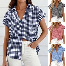 Ladies Check Blouse Casual Loose Summer V-neck Tops T Shirts Button Short SleevE