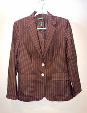 Lauren Ralph Lauren Women  s Brown Pinstripe Wool Lined Notch Blazer 2-Button