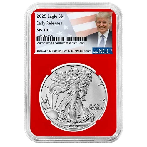 2025 $1 American Silver Eagle NGC MS70 ER Trump Label Red Core
