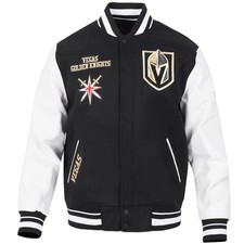 Vegas Golden Knights Black Body White Leather Sleeves Varsity Jacket Men Size L