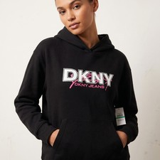 DKNY Jeans Women's Hoodie Black Graffiti Logo Streetwear Pullover Sweatshirt L