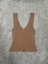 Brandy Melville Knit Brown Ribbed V Neck Tank In Chocolate Brown- One Size