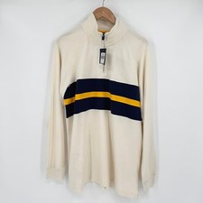 Chaps Sport Mens Cream Striped Quarter Zip Pullover Cotton Sweater L NWT