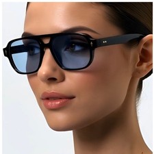 Square Pilot Sunglasses Black Frame Blue Lens Women's Fashion Eyewear Lentes New