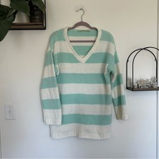 Soft Surroundings Teal  White Striped V Neck Pullover Sweater Size Small