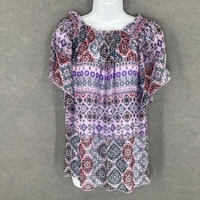 Charlotte Russe Top Womens M Purple Geometric Peasant Chiffon Off Shoulder Boho